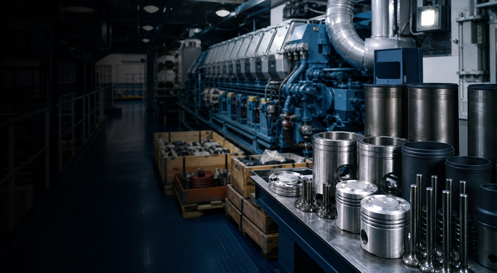 Marine engine room with spare parts and industrial equipment